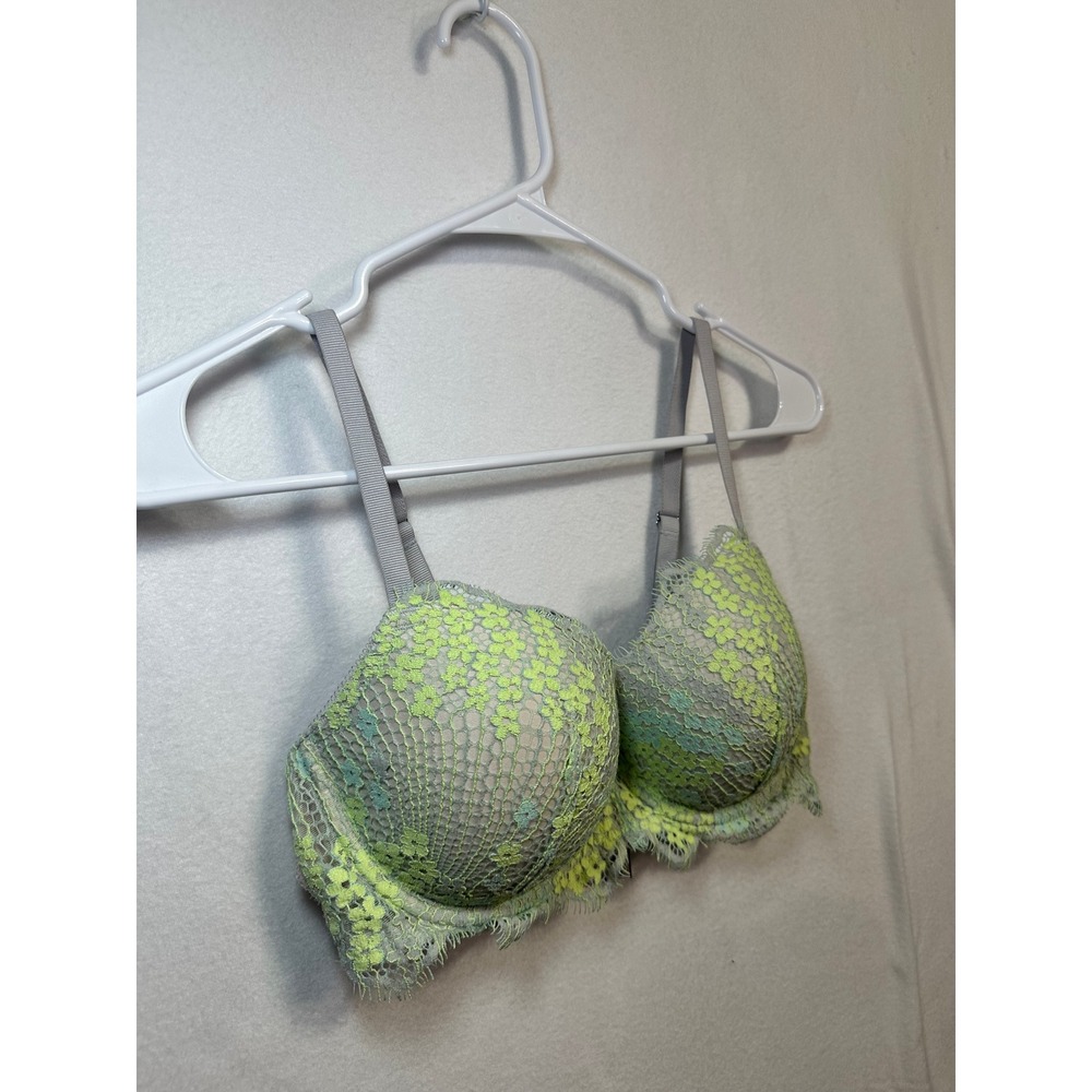 Victorias Secret Dream Angels Lined Demi Bra Grey Lime Green Floral Lace 34D - Picture 2 of 7